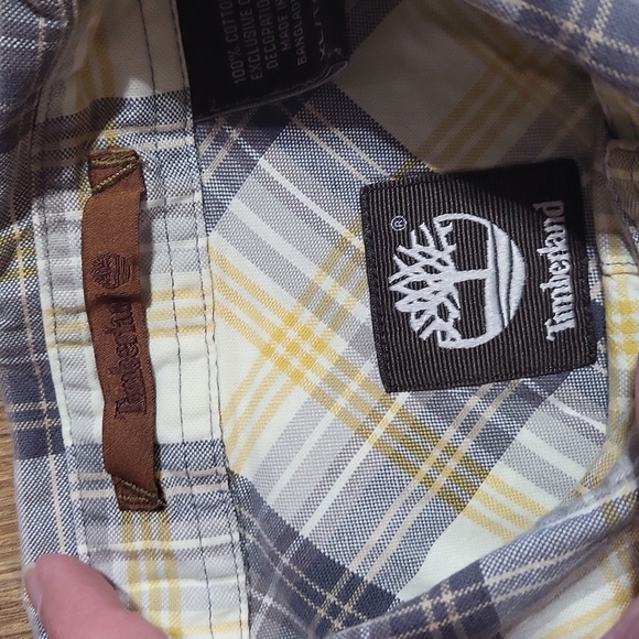 TIMBERLAND GRAY YELLOW PLAID ROLL TAB COTTON WESTERN BUTTON DOWN BUTTON SHIRT - Picture 2 of 15